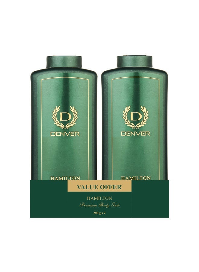 Denver Hamilton Premium Body Talc - 300 Gm Each (Pack of 2) | Scented Talcum Powder for Men | Powder for Men Body Talc Hamilton Combo - Image 1